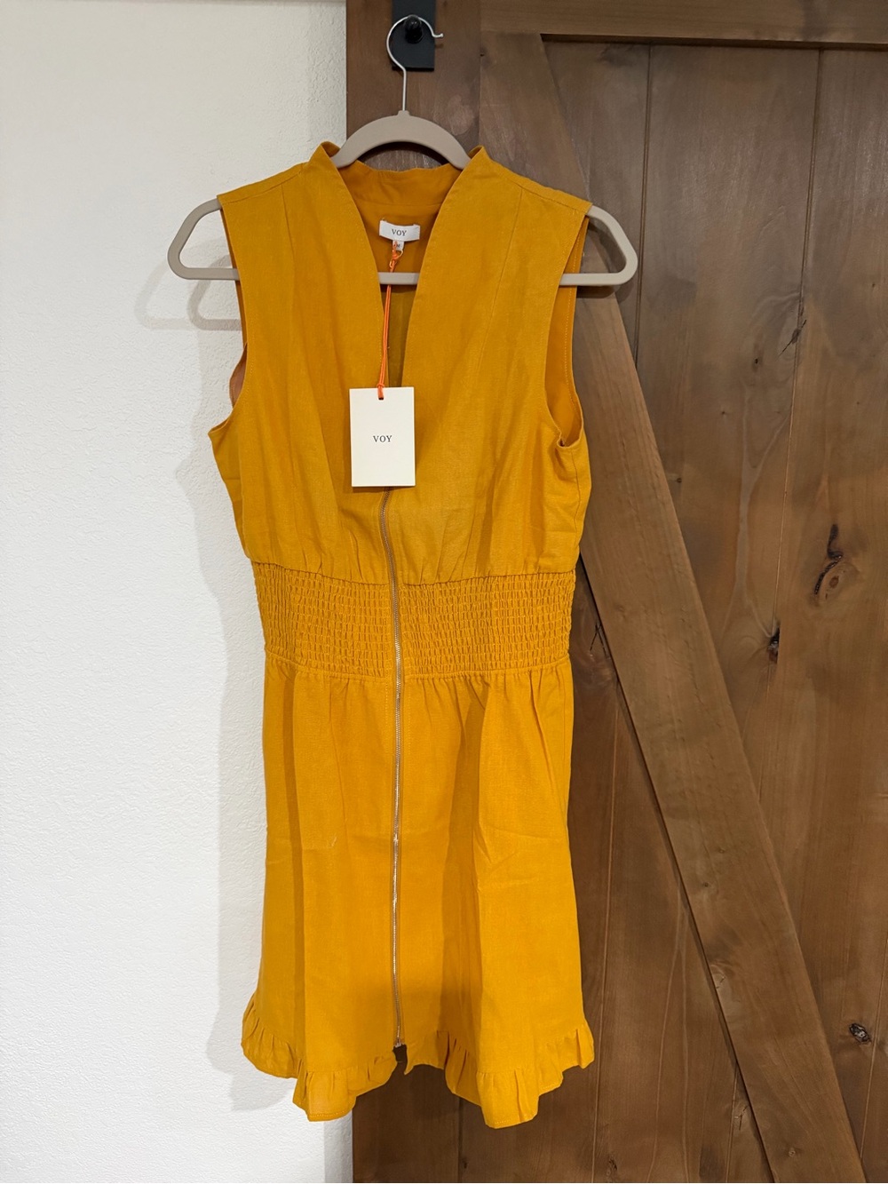 VOY Mustard Yellow Sleeveless Mini Dress with Zip Front